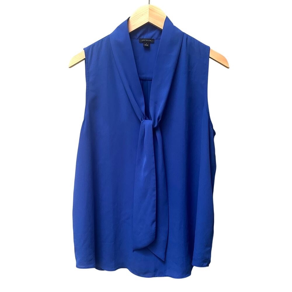 Ann Taylor Bow-Neck Tie Sleeveless Shell V-Neck Top SZ L Royal Blue